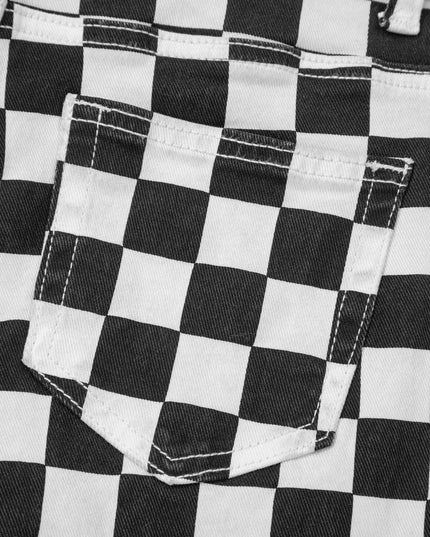 Black Checkerboard Print Distressed Holes Raw Edge Cropped Jeans
