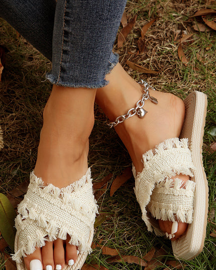 Beige Tassel Woven Crossed Straps Flat Slippers