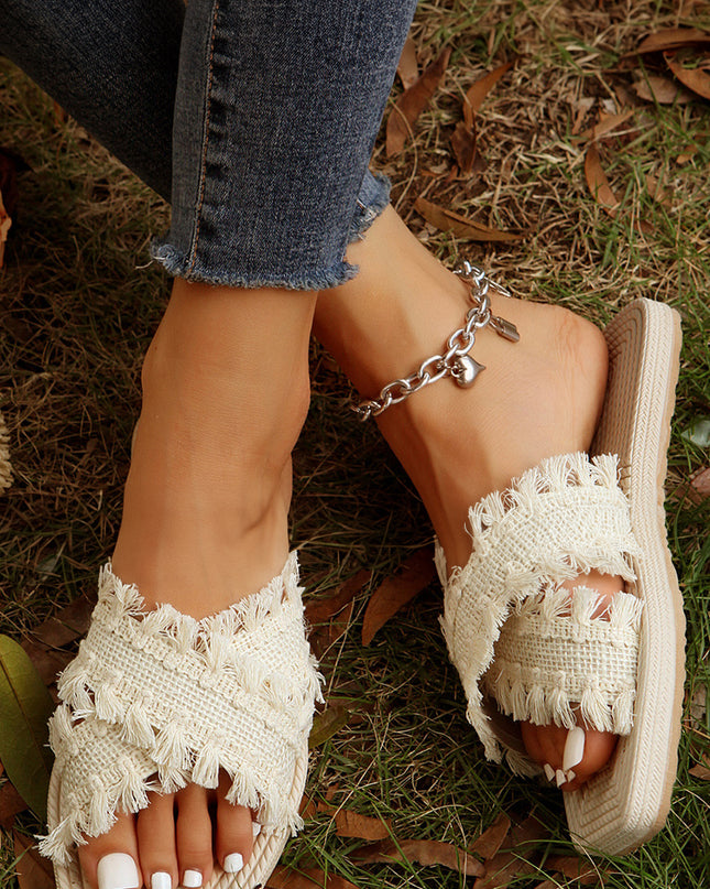 Beige Tassel Woven Crossed Straps Flat Slippers