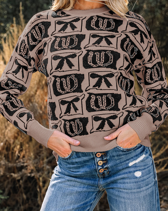 Black Bows & Horseshoes Pattern Western Fashion Print Sweater