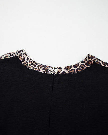 Black Plus Size Leopard Patchwork Round Neck Loose Tee