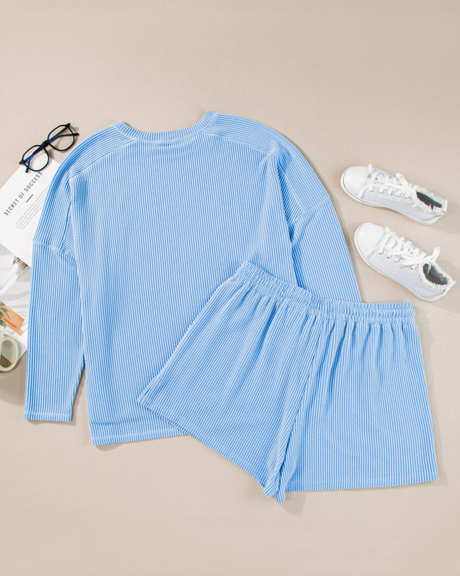 Light Blue Plus Size Ribbed Long Sleeve Top and Drawstring Shorts Set