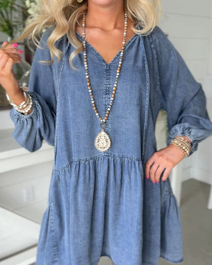 Myosotis Puff Sleeve V Neck Ruffled Loose Denim Mini Dress