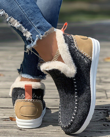 Carbon Grey Suede Stitching Patchwork Plush Lined Anklet Boots