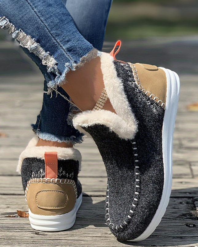 Carbon Grey Suede Stitching Patchwork Plush Lined Anklet Boots