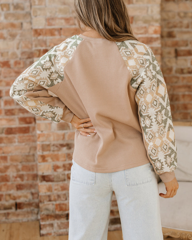 Smoke Gray Waffle Aztec Patchwork Raglan Sleeve Knit Top