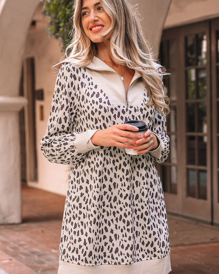 Khaki Leopard Print Zip up Collar Patchwork Shift Mini Dress