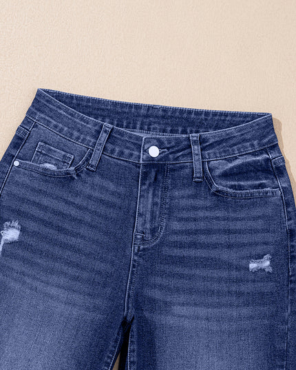 Real Teal Folded Cuffs Distressed Straight High Waist Jeans