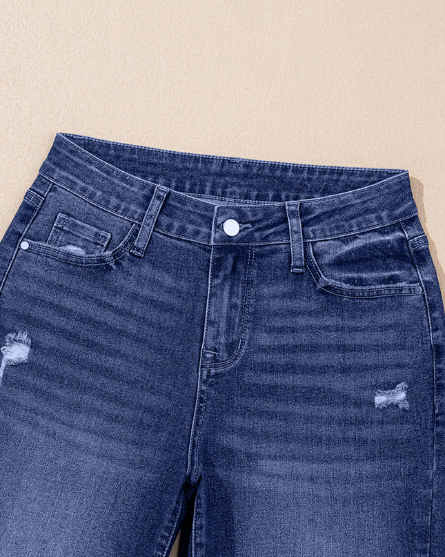 Real Teal Folded Cuffs Distressed Straight High Waist Jeans