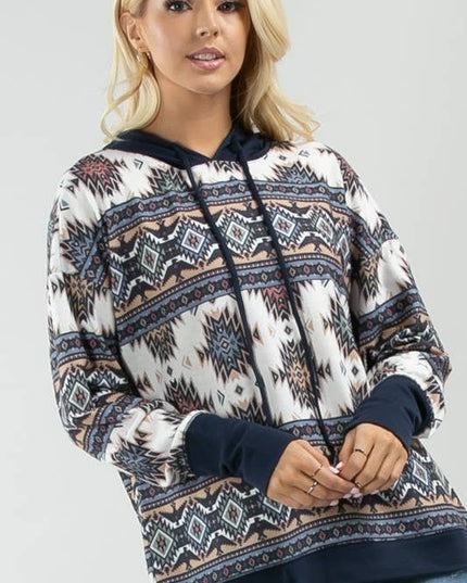 KC020-TANIA AZTEC PRINT COLOR BLOCK HOODIE