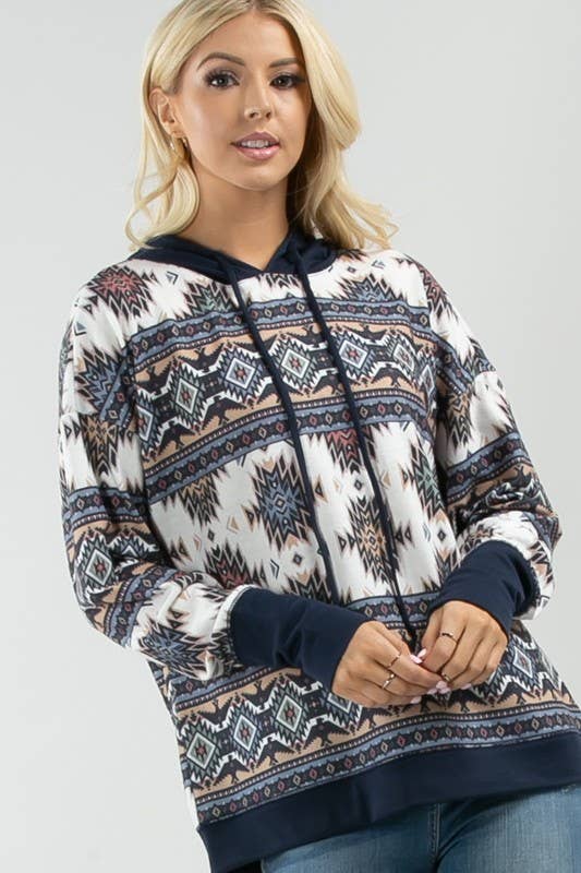 KC020-TANIA AZTEC PRINT COLOR BLOCK HOODIE