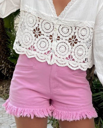 Pink Frayed Edge Mid Rise Denim Shorts
