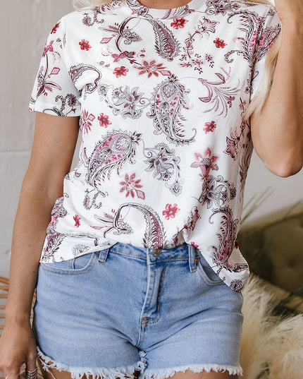 White Vintage Paisley Mock Neck T Shirt