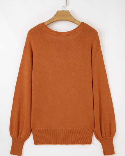Gold Flame Solid Color Ribbed Trim Drop Shoulder Sweater