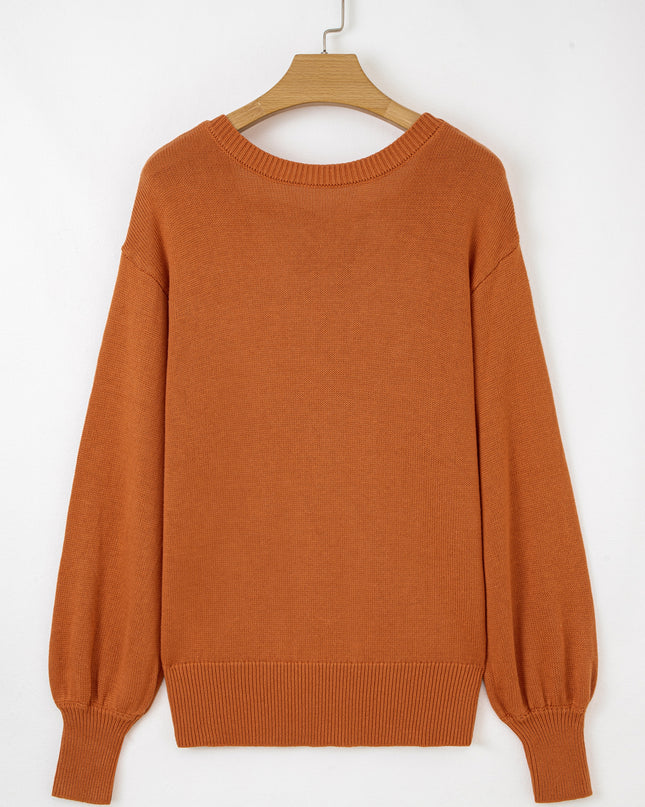 Gold Flame Solid Color Ribbed Trim Drop Shoulder Sweater