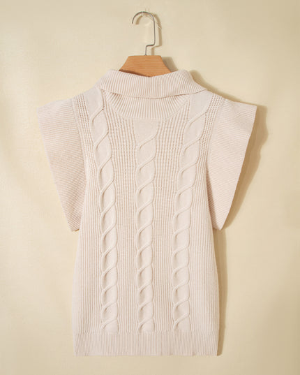Jet Stream Cable Knit Turtleneck Ruffled Short Sleeve Sweater