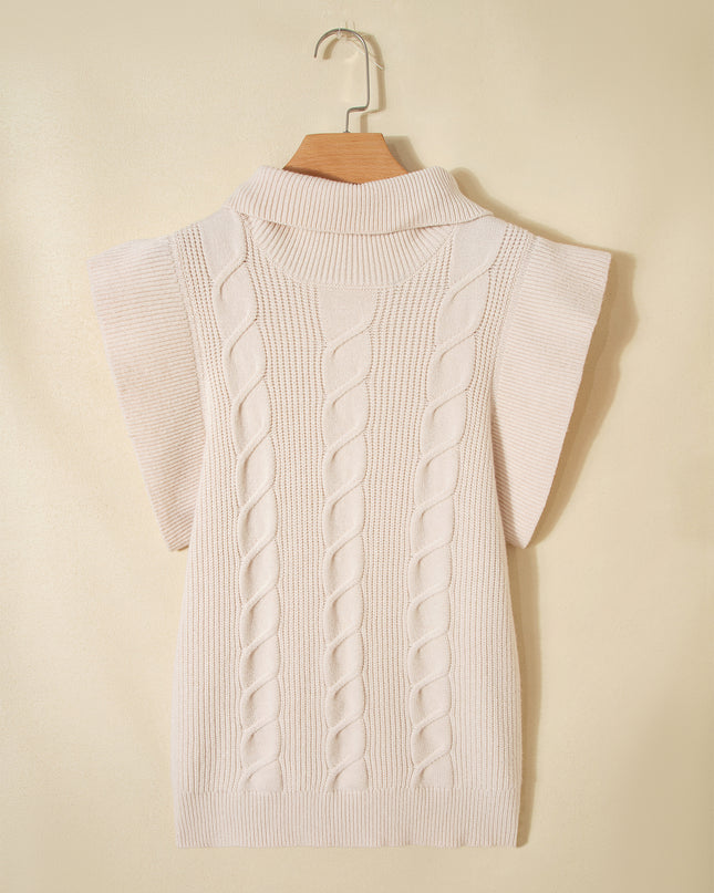 Jet Stream Cable Knit Turtleneck Ruffled Short Sleeve Sweater
