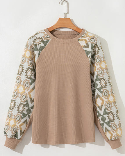 Smoke Gray Waffle Aztec Patchwork Raglan Sleeve Knit Top