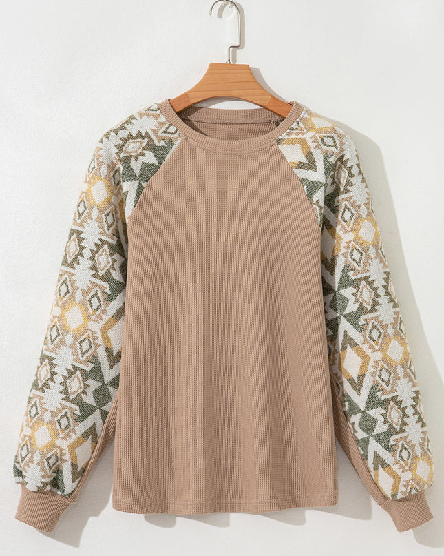Smoke Gray Waffle Aztec Patchwork Raglan Sleeve Knit Top
