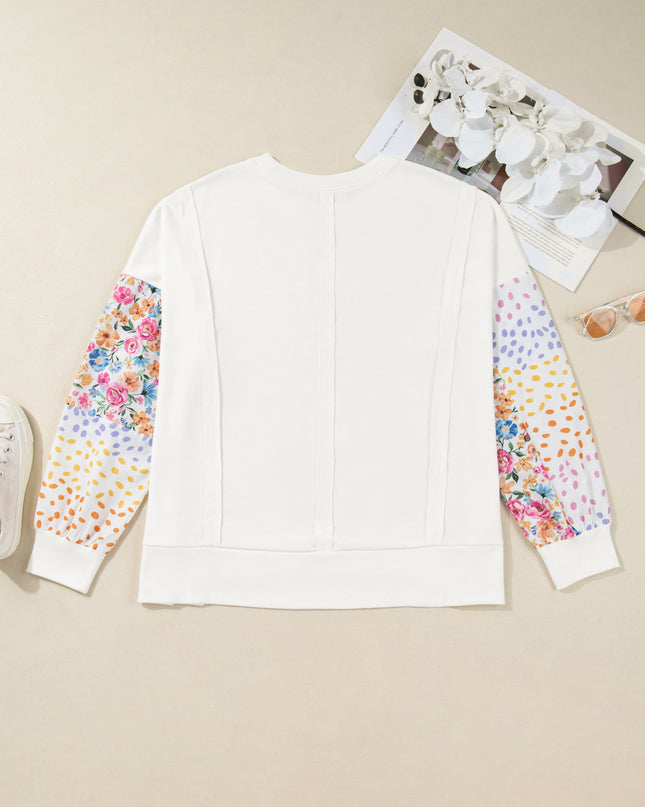 White Plus Size Exposed Seam Detail Contrast Dot Floral Patchwork Sleeve Sweatshirt
