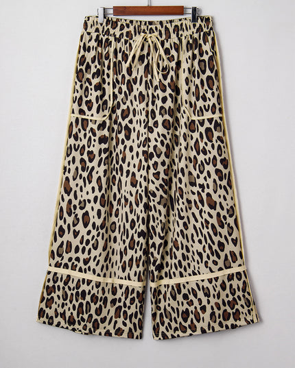 Khaki Exposed Seam Patched Pocket Plus Size Drawstring Leopard Wide Leg Pants