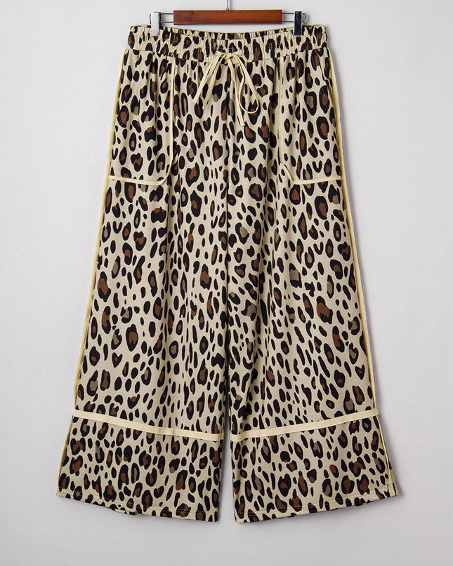 Khaki Exposed Seam Patched Pocket Plus Size Drawstring Leopard Wide Leg Pants