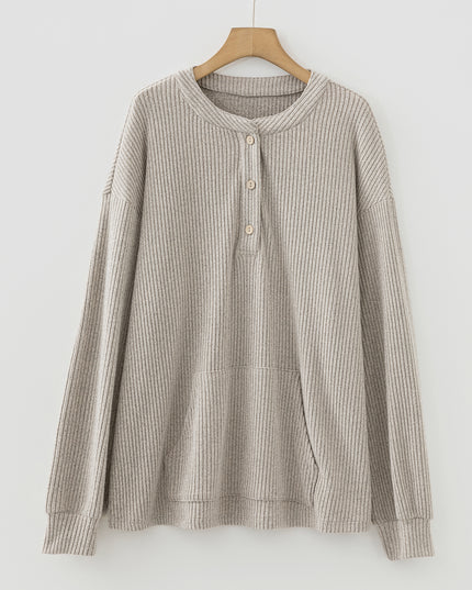Simply Taupe Plus Size Ribbed Knit Kangaroo Pocket Henley Long Sleeve Top