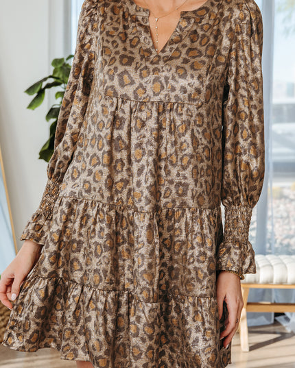 Khaki Leopard Print V Neck Ruffled Sleeve Tiered Loose Mini Dress