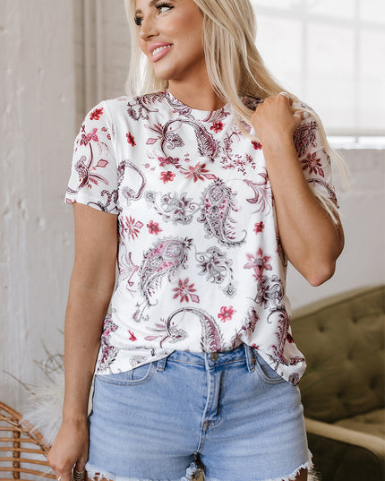 White Vintage Paisley Mock Neck T Shirt