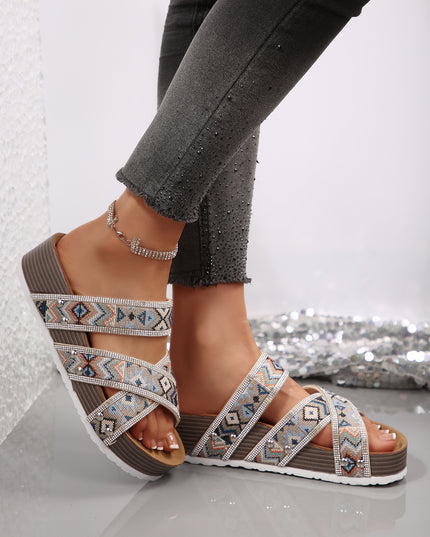 Color black Tribal Geometric Rhinestone Embellished Strappy Hollowed Platform Slippers