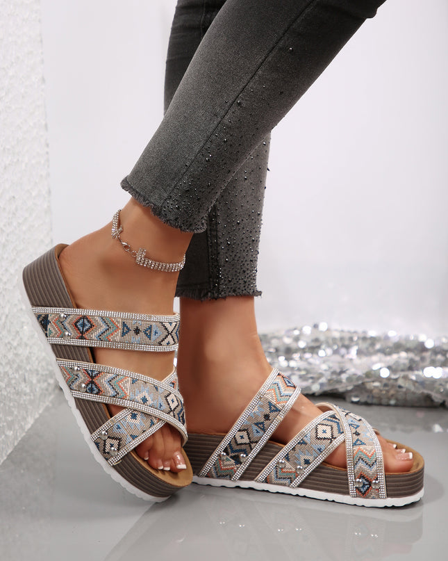 Color black Tribal Geometric Rhinestone Embellished Strappy Hollowed Platform Slippers