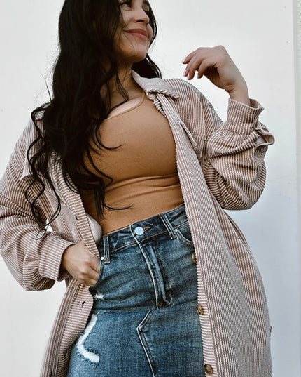 Smoke Gray Solid Corded Drop Shoulder Plus Size Shacket