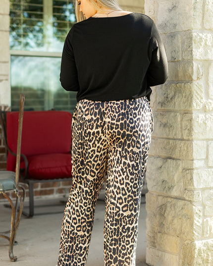 Black Leopard Patched Pocket Long Sleeve Top Plus Size Pants Set