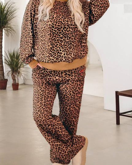 Khaki Leopard Pullover and Pants 2pcs Outfit with Bow Embroidery