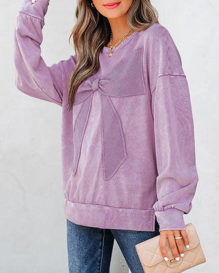 Light French Beige Mineral Wash Big Bow Patchwork Pullover Sweatshirt