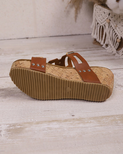 Coffee Retro Hollowed PU Leather Wedge Platform Slippers