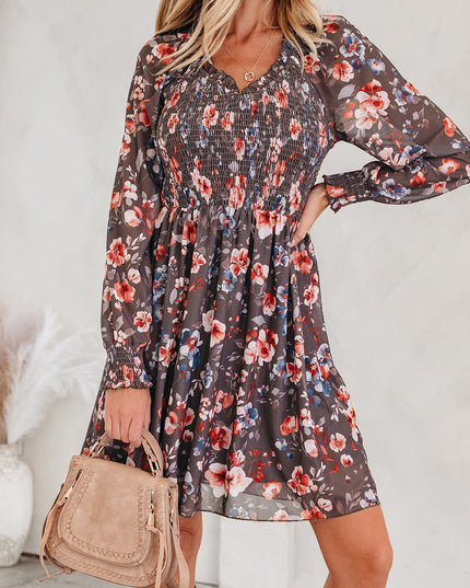 Brown Frilly Smocked Bodice Floral Mesh Long Sleeve Mini Dress