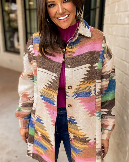 White Aztec Print Button Up Shacket