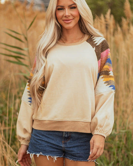 Light French Beige Aztec Patchwork Raglan Pullover Sweatshirt