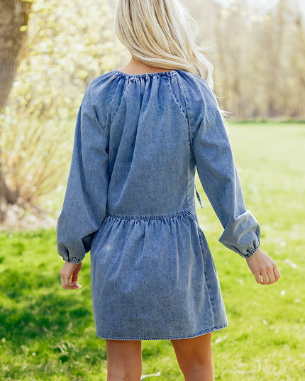 Myosotis Puff Sleeve V Neck Ruffled Loose Denim Mini Dress