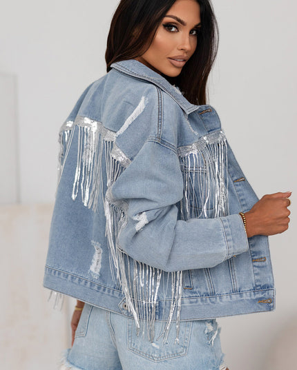 Sky Blue Sequin Embellished Fringe Distressed Denim Jacket