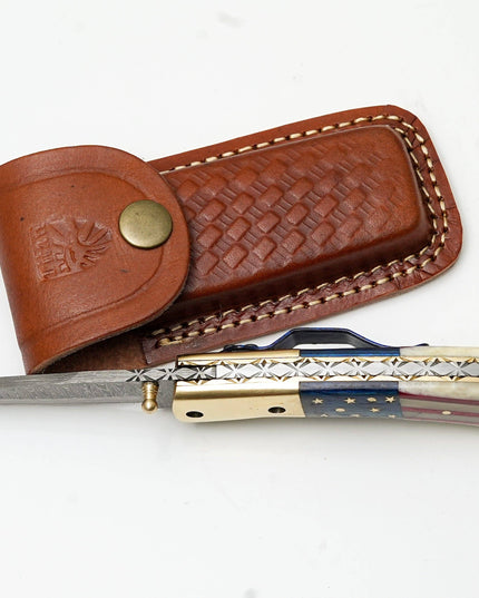 Patriotic American Flag Folding Knife | Hand-Forged Damascus Steel | Custom Blue Pocket Clip Edition TK-475