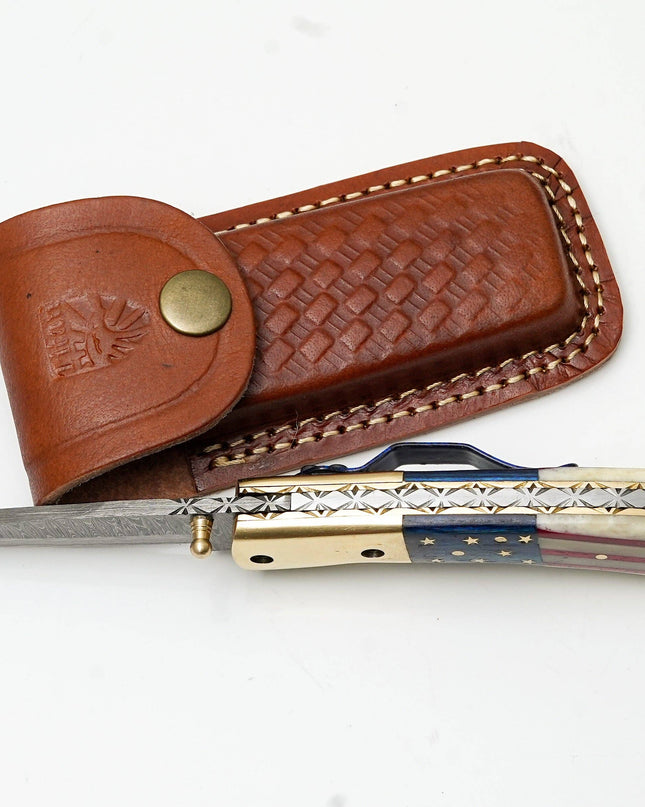 Patriotic American Flag Folding Knife | Hand-Forged Damascus Steel | Custom Blue Pocket Clip Edition TK-475