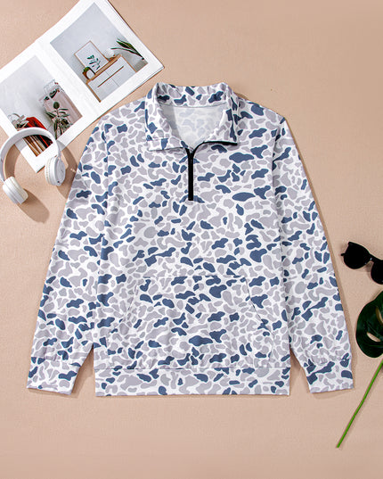 Multicolour Plus Camouflage Print Quarter Zip Kangaroo Pocket Pullover Sweatshirt