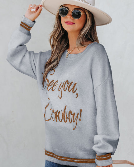 Light Grey See You Cowboy Embroidered Western Graphic Sweater
