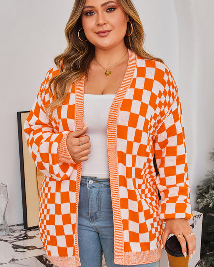Orange Plus Size Checkered Bubble Sleeve Drop Shoulder Open Cardigan