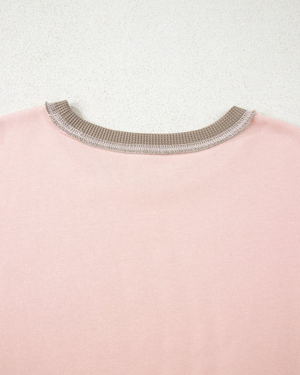 Light Pink Plus Color Block Waffle Patchwork Exposed Seam Baggy Sweatshirt