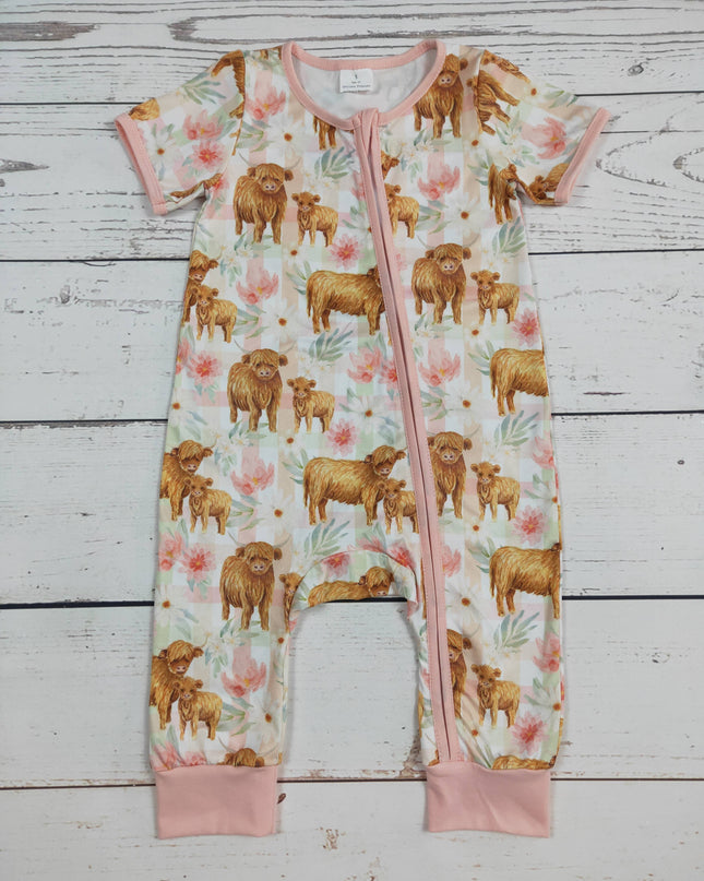 Cow Printed Baby Girl Zip Romper