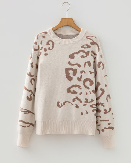 Beige Asymmetric Leopard Print Detail Drop Shoulder Sweater