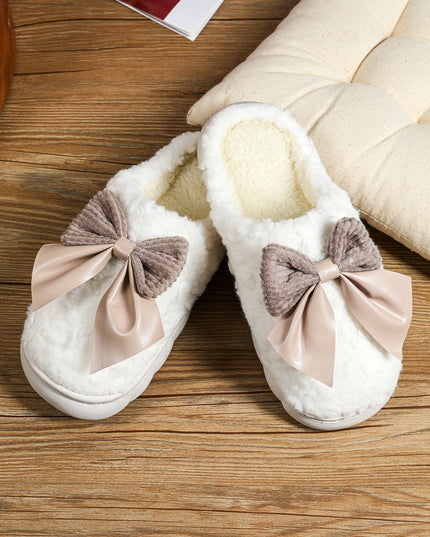 White Contrast Bowknot Applique Plush Winter Slippers (Colors May Differ by Batch)